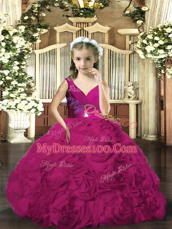Fuchsia Backless Little Girls Pageant Gowns Beading Sleeveless Floor Length