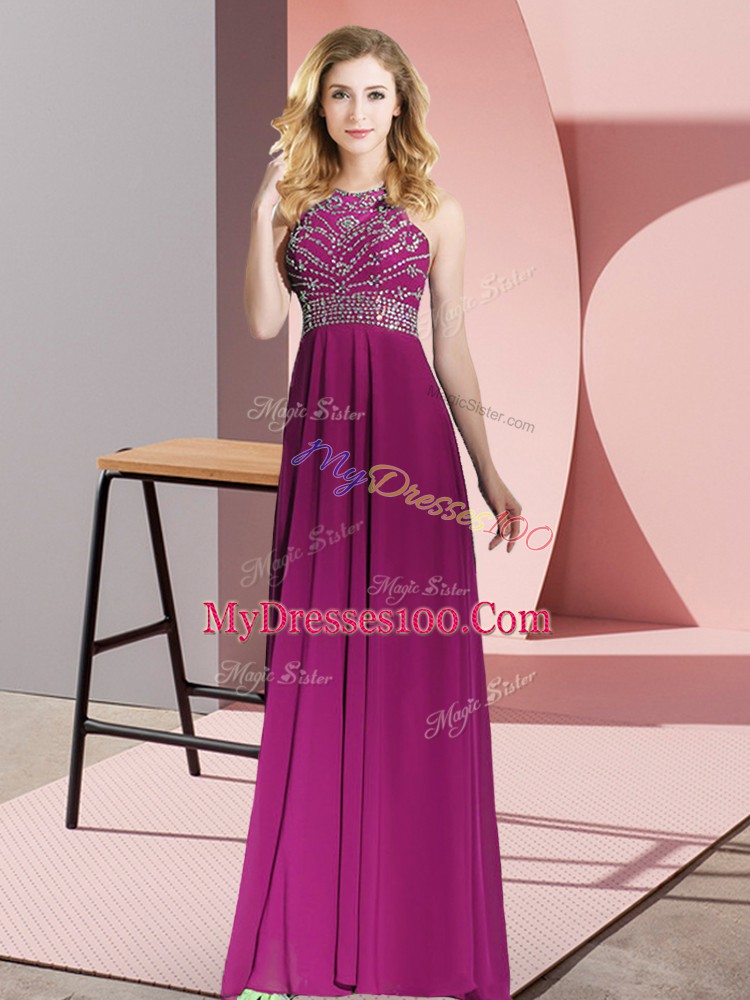 Glorious Fuchsia Empire Chiffon Scoop Sleeveless Beading Floor Length Backless Prom Party Dress