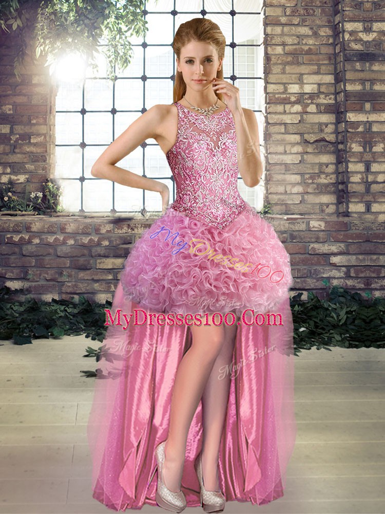 Pretty A-line Homecoming Dress Rose Pink Scoop Fabric With Rolling Flowers Sleeveless High Low Lace Up