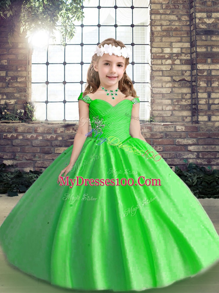 Graceful Tulle Lace Up Pageant Gowns For Girls Sleeveless Floor Length Beading