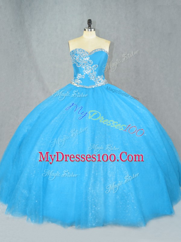 Fine Blue Sleeveless Tulle Lace Up Sweet 16 Dresses for Sweet 16 and Quinceanera