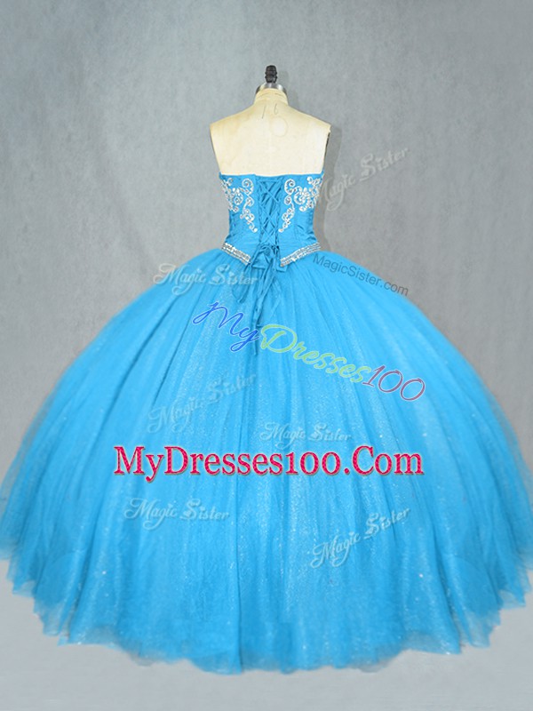 Fine Blue Sleeveless Tulle Lace Up Sweet 16 Dresses for Sweet 16 and Quinceanera