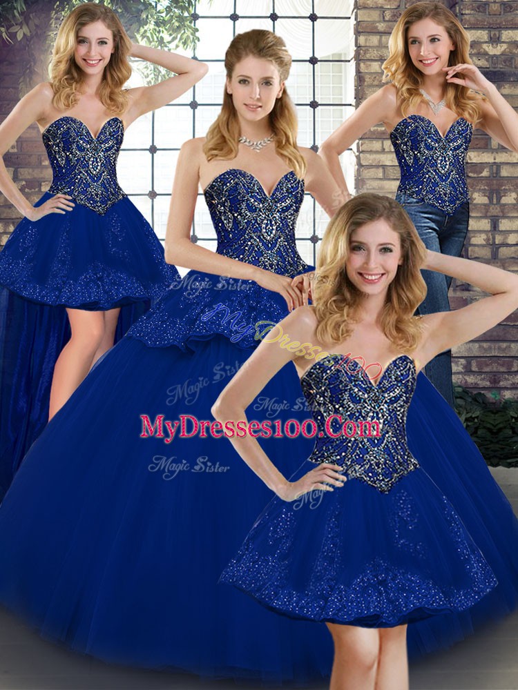 Glamorous Royal Blue Ball Gowns Beading and Appliques Quinceanera Gown Lace Up Tulle Sleeveless Floor Length