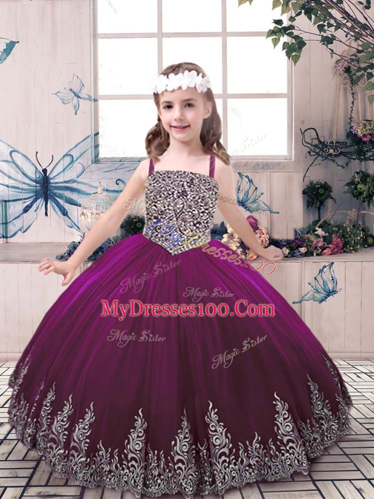 Floor Length Lace Up Kids Pageant Dress Eggplant Purple for Party and Military Ball and Wedding Party with Beading and Embroidery