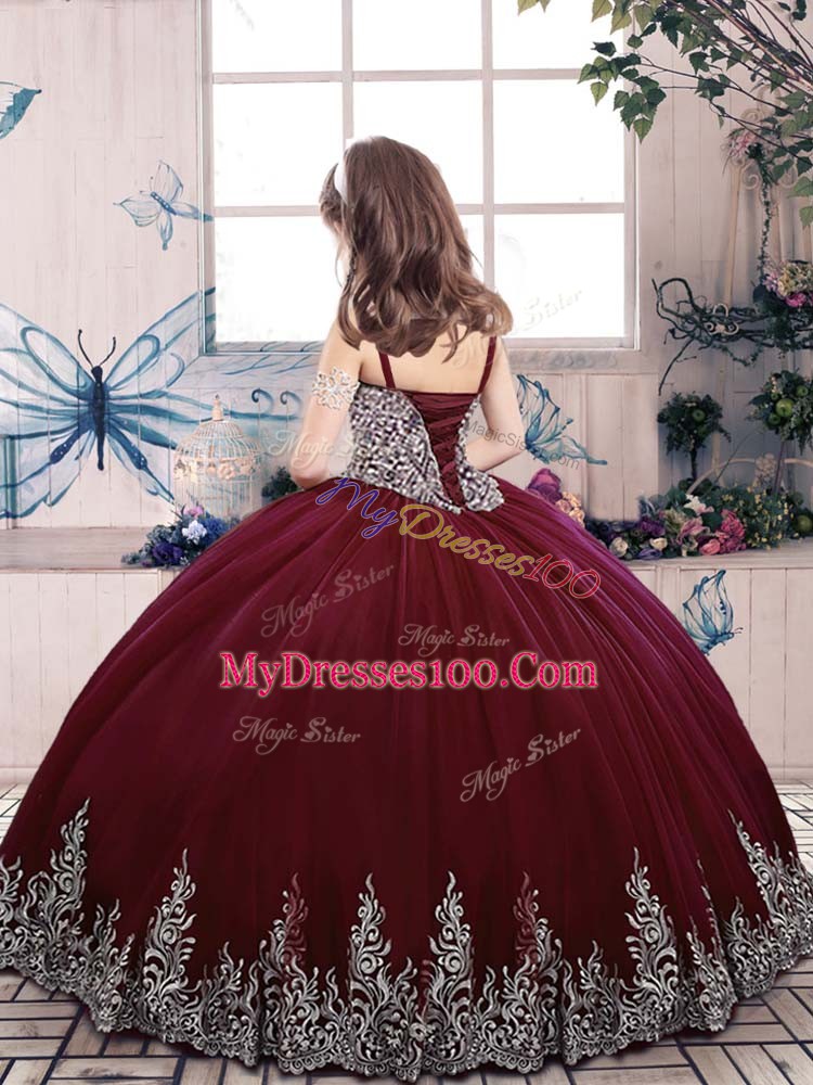 Floor Length Lace Up Kids Pageant Dress Eggplant Purple for Party and Military Ball and Wedding Party with Beading and Embroidery