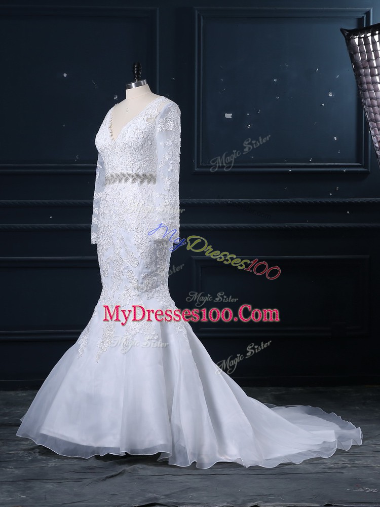 Organza Long Sleeves Bridal Gown Brush Train and Beading and Lace