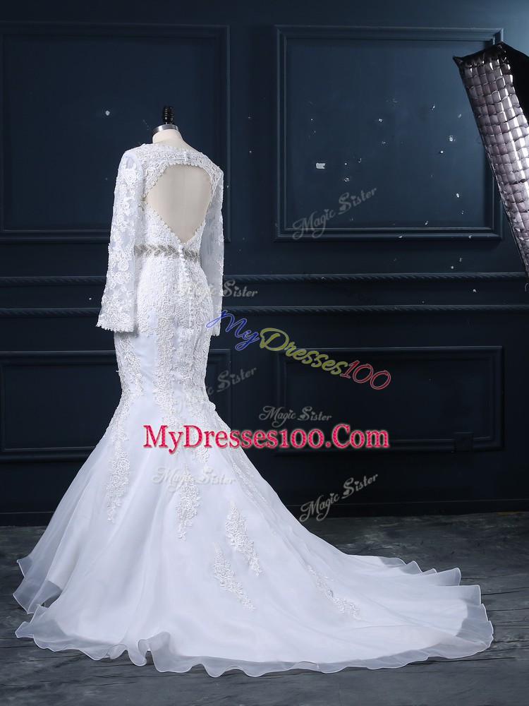 Organza Long Sleeves Bridal Gown Brush Train and Beading and Lace