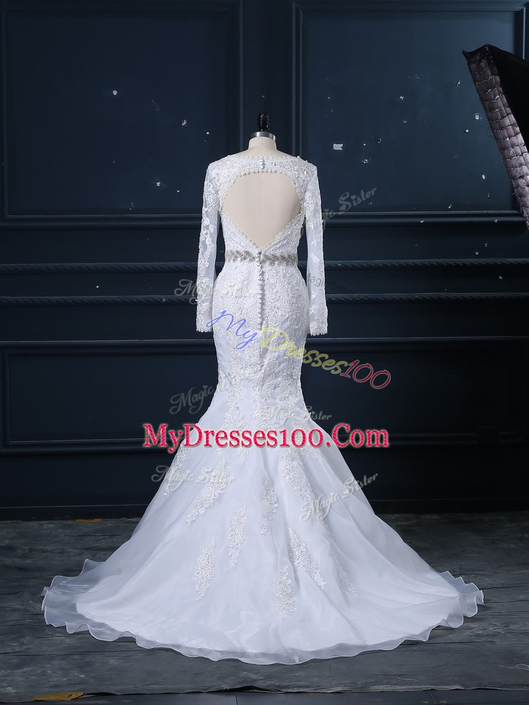 Organza Long Sleeves Bridal Gown Brush Train and Beading and Lace