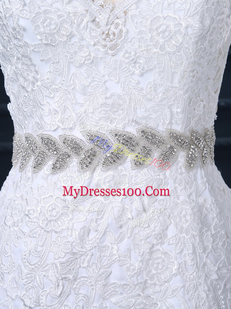 Organza Long Sleeves Bridal Gown Brush Train and Beading and Lace