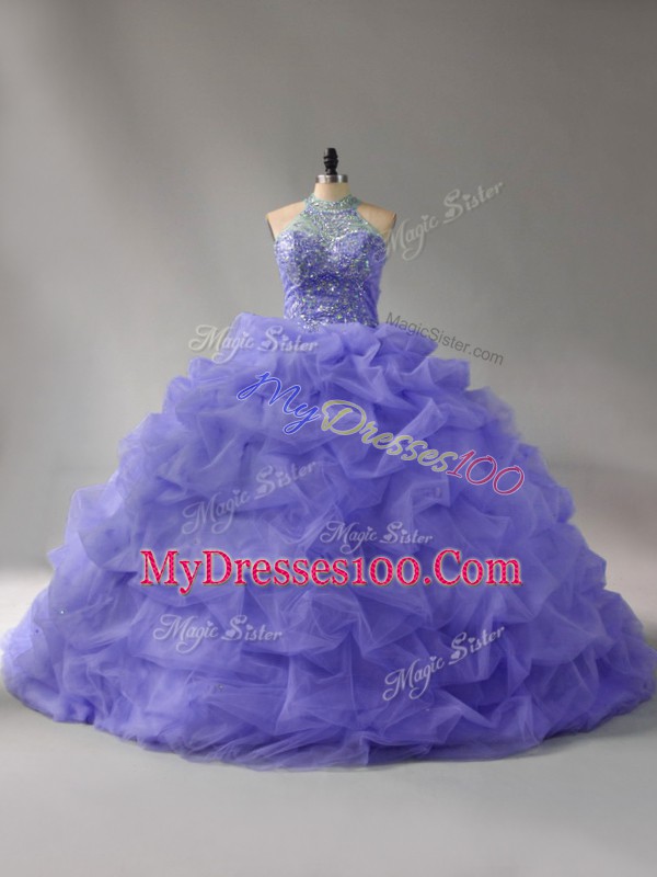 Beading and Pick Ups Quinceanera Dresses Lavender Lace Up Sleeveless Court Train