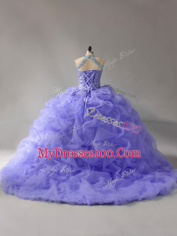 Beading and Pick Ups Quinceanera Dresses Lavender Lace Up Sleeveless Court Train