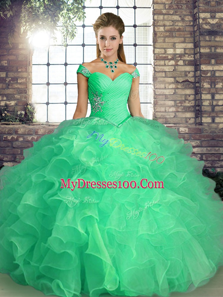 Beading and Ruffles Ball Gown Prom Dress Turquoise Lace Up Sleeveless Floor Length