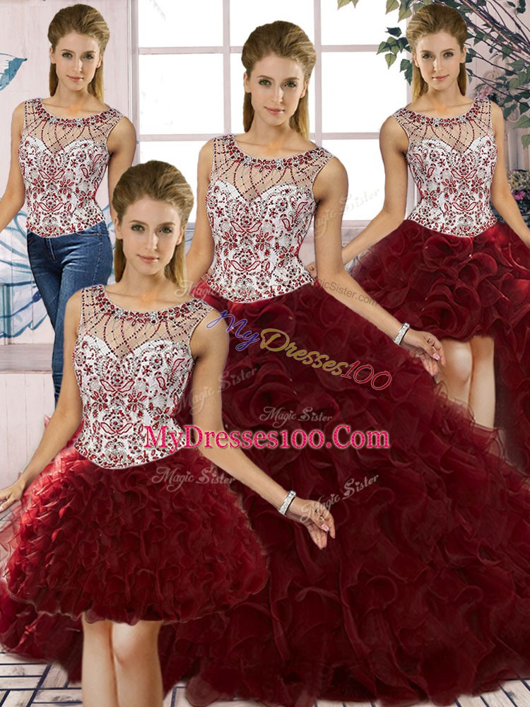 Eye-catching Burgundy Lace Up Scoop Beading and Ruffles Quinceanera Dress Organza Sleeveless