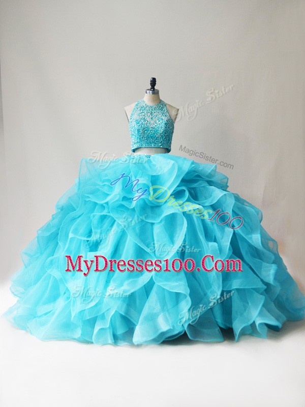 Top Selling Floor Length Aqua Blue Vestidos de Quinceanera Halter Top Sleeveless Lace Up