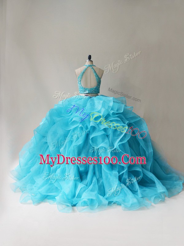Top Selling Floor Length Aqua Blue Vestidos de Quinceanera Halter Top Sleeveless Lace Up