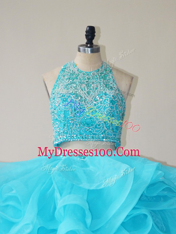 Top Selling Floor Length Aqua Blue Vestidos de Quinceanera Halter Top Sleeveless Lace Up