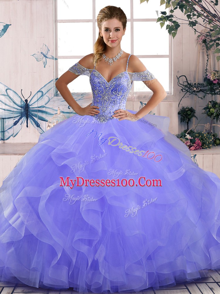 Top Selling Lavender Sleeveless Asymmetrical Beading and Ruffles Lace Up Quince Ball Gowns