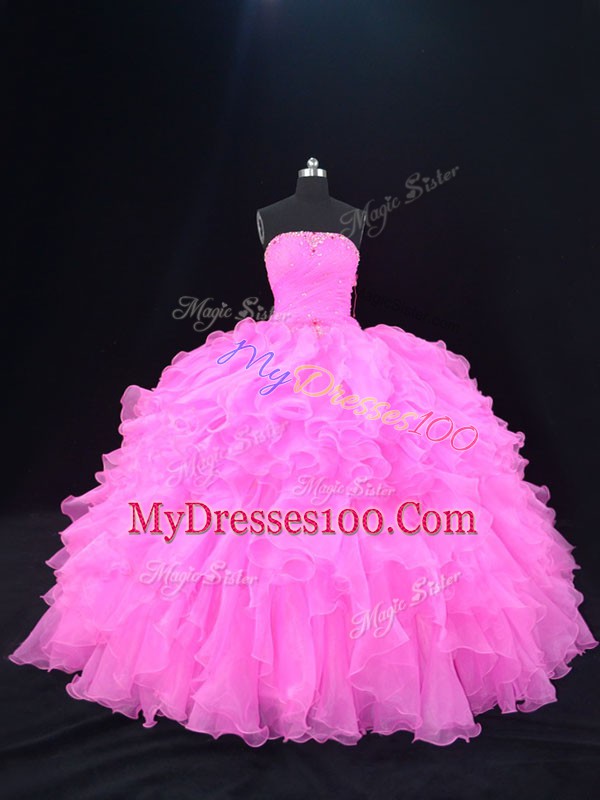 Traditional Pink and Rose Pink Sleeveless Floor Length Beading and Ruffles Lace Up Sweet 16 Quinceanera Dress
