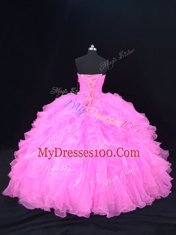 Traditional Pink and Rose Pink Sleeveless Floor Length Beading and Ruffles Lace Up Sweet 16 Quinceanera Dress