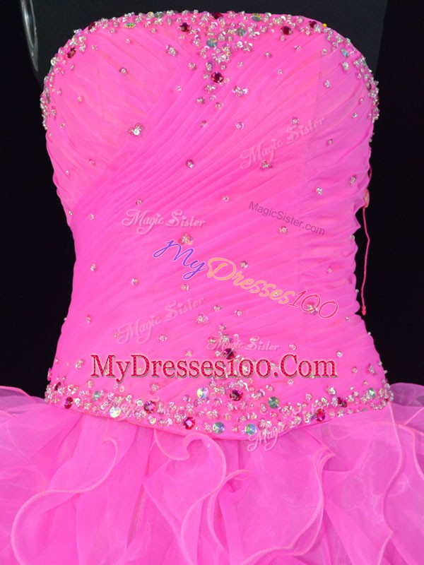 Traditional Pink and Rose Pink Sleeveless Floor Length Beading and Ruffles Lace Up Sweet 16 Quinceanera Dress