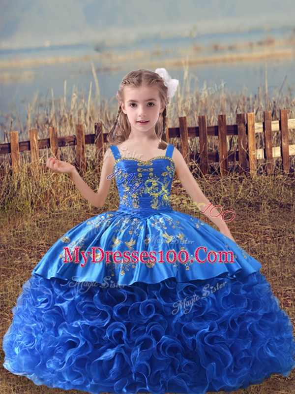 Ball Gowns Sleeveless Blue Pageant Gowns For Girls Sweep Train Lace Up