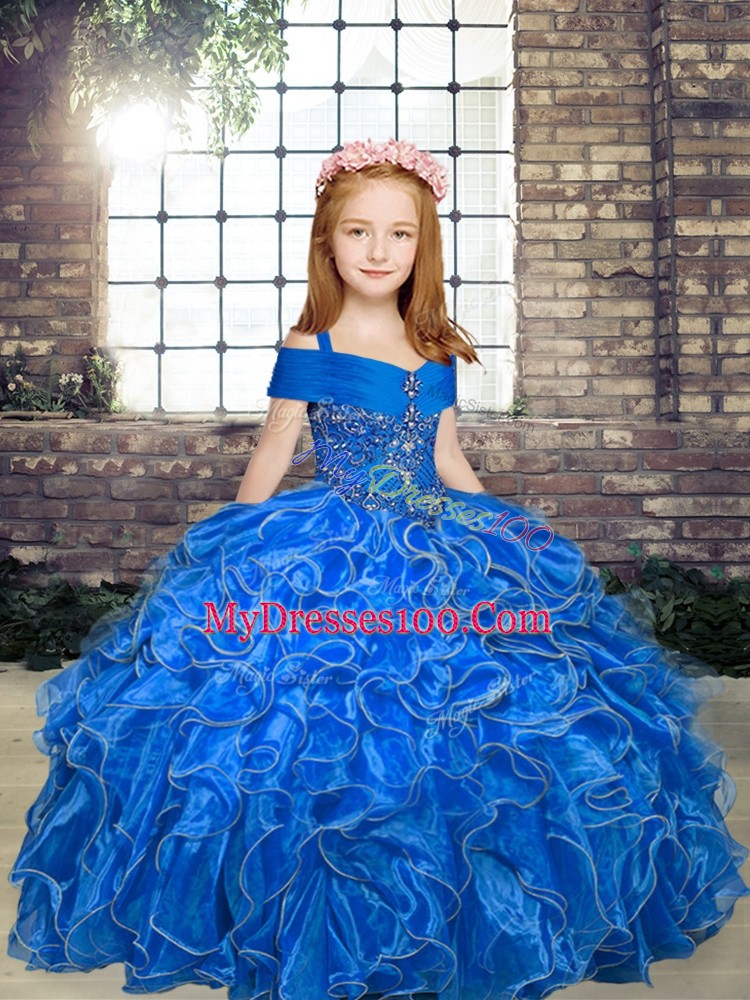 Most Popular Straps Sleeveless Organza Kids Formal Wear Beading and Ruffles Lace Up
