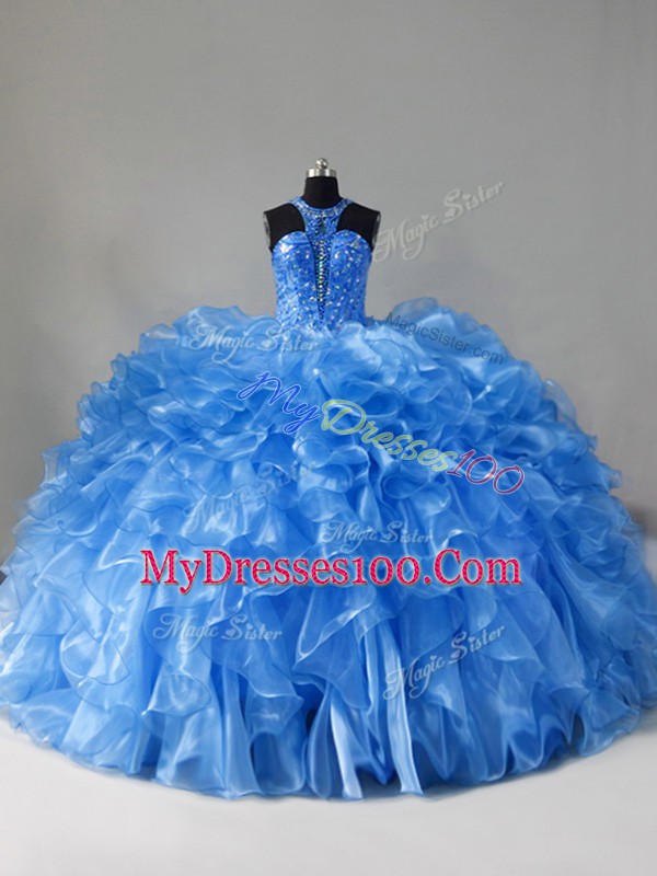 Blue 15th Birthday Dress Scoop Sleeveless Brush Train Zipper
