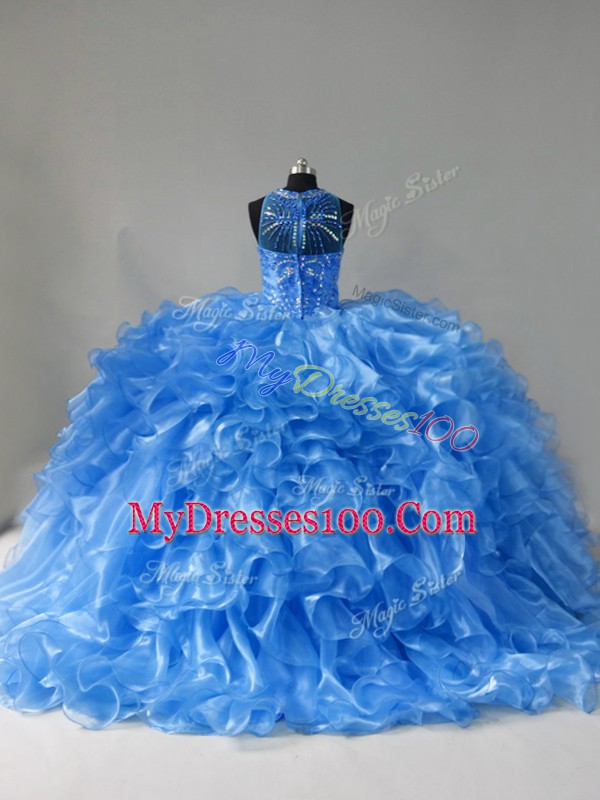 Blue 15th Birthday Dress Scoop Sleeveless Brush Train Zipper