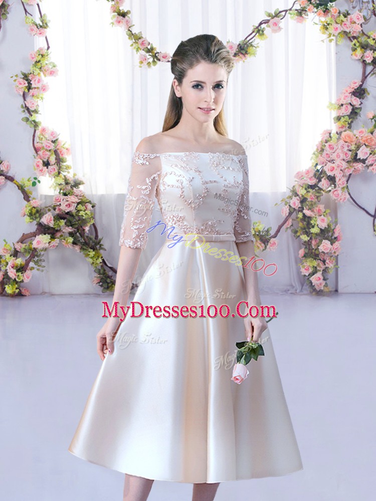 Ideal Champagne A-line Satin Off The Shoulder Half Sleeves Lace and Belt Tea Length Lace Up Dama Dress for Quinceanera