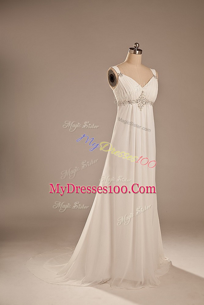 White Sleeveless Beading Lace Up Wedding Gown