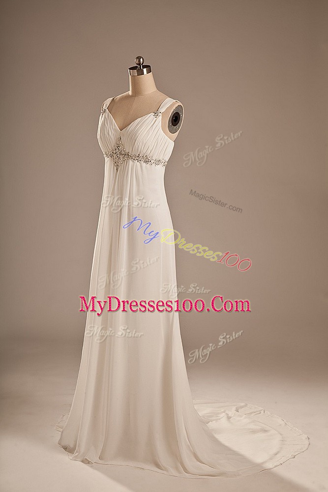 White Sleeveless Beading Lace Up Wedding Gown