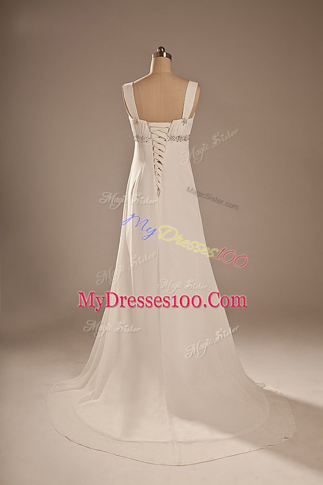 White Sleeveless Beading Lace Up Wedding Gown