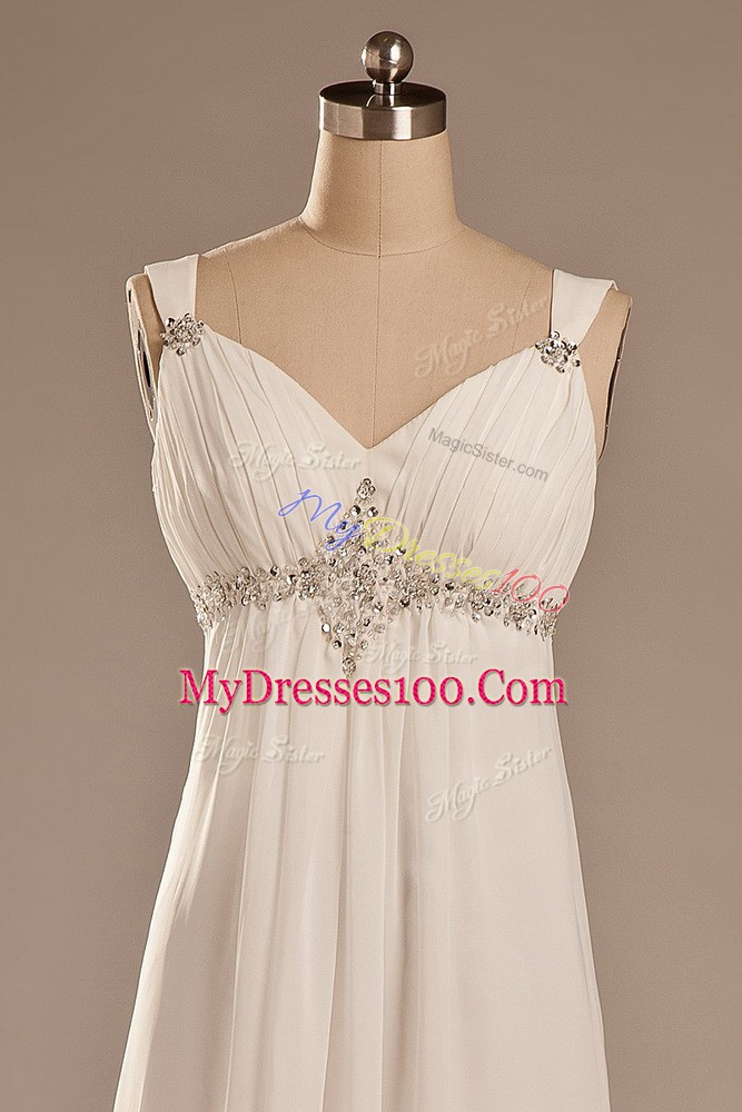 White Sleeveless Beading Lace Up Wedding Gown