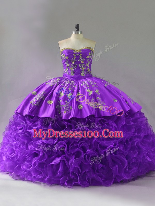 Custom Designed Fabric With Rolling Flowers Sweetheart Sleeveless Brush Train Lace Up Embroidery and Ruffles 15 Quinceanera Dress in Purple