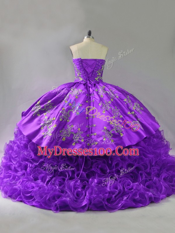 Custom Designed Fabric With Rolling Flowers Sweetheart Sleeveless Brush Train Lace Up Embroidery and Ruffles 15 Quinceanera Dress in Purple