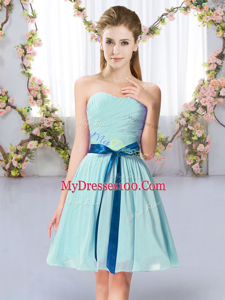 Aqua Blue Empire Chiffon Sweetheart Sleeveless Belt Mini Length Lace Up Damas Dress