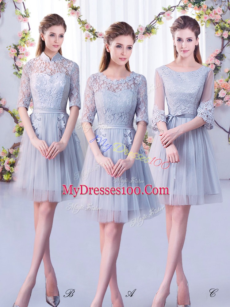 Fine Grey Tulle Lace Up Dama Dress Half Sleeves Mini Length Lace