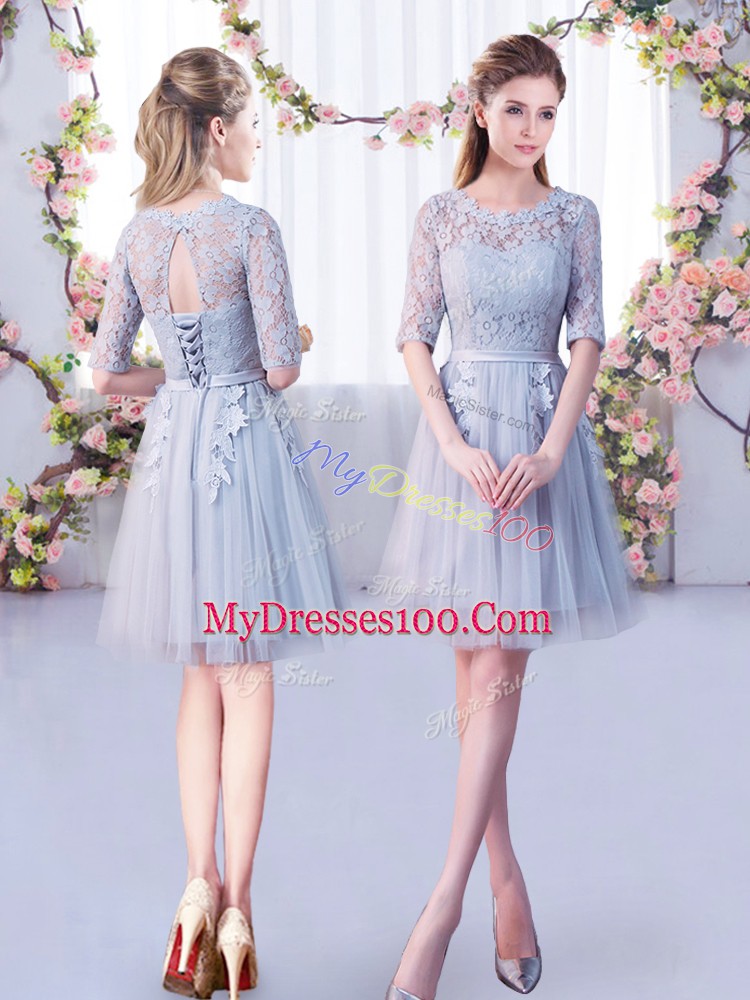 Fine Grey Tulle Lace Up Dama Dress Half Sleeves Mini Length Lace