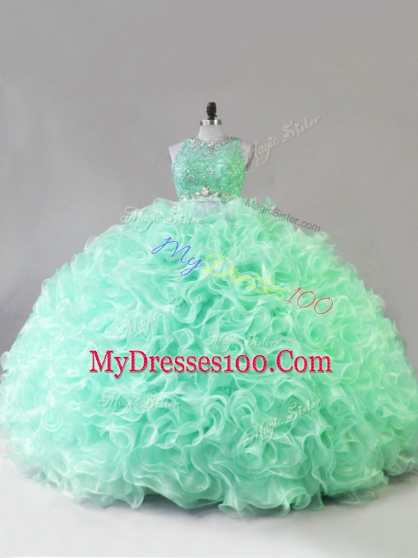 Sleeveless Fabric With Rolling Flowers Zipper 15 Quinceanera Dress in Apple Green with Beading and Ruffles