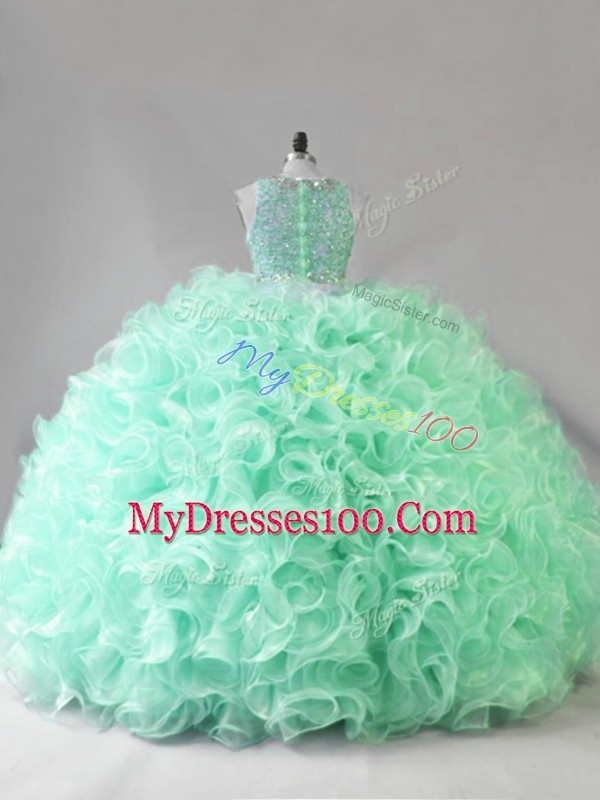 Sleeveless Fabric With Rolling Flowers Zipper 15 Quinceanera Dress in Apple Green with Beading and Ruffles