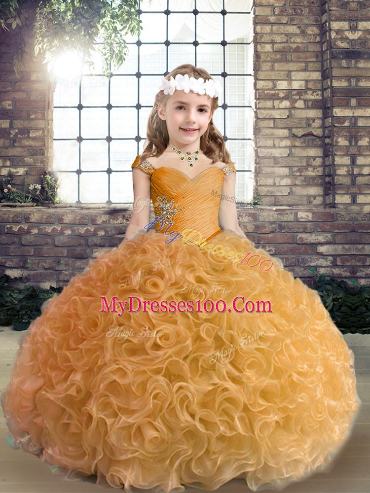 Dazzling Straps Sleeveless Fabric With Rolling Flowers Winning Pageant Gowns Beading Lace Up