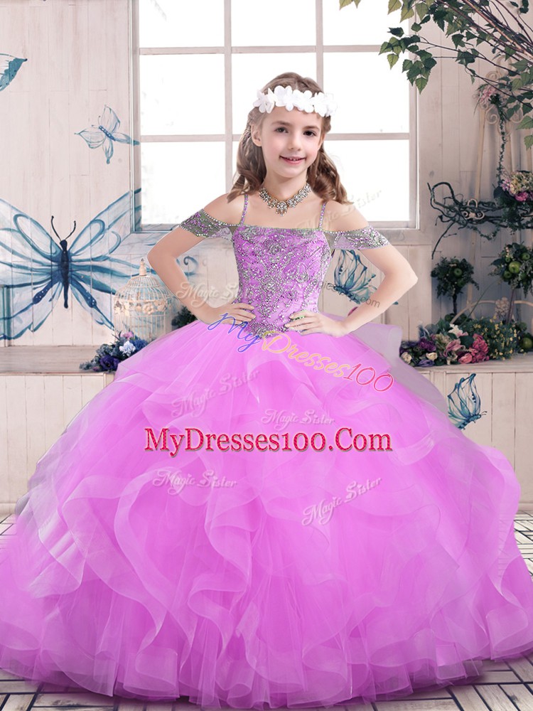 Lovely Floor Length Lace Up Little Girls Pageant Gowns Lilac for Party and Sweet 16 and Wedding Party with Beading