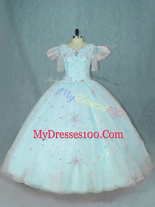 Apple Green Organza Zipper Quinceanera Dress Short Sleeves Floor Length Beading