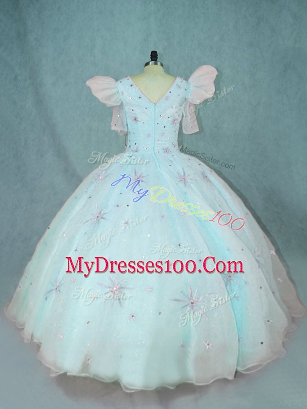 Apple Green Organza Zipper Quinceanera Dress Short Sleeves Floor Length Beading