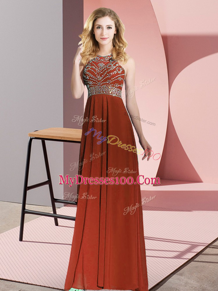 Empire Dress for Prom Rust Red Scoop Chiffon Sleeveless Floor Length Backless