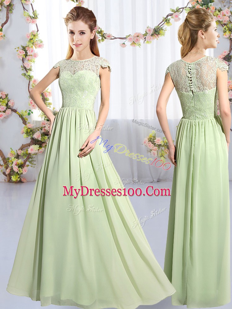 Sweet Empire Vestidos de Damas Yellow Green Scoop Chiffon Cap Sleeves Floor Length Clasp Handle