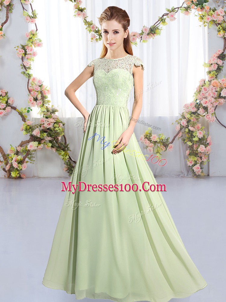 Sweet Empire Vestidos de Damas Yellow Green Scoop Chiffon Cap Sleeves Floor Length Clasp Handle