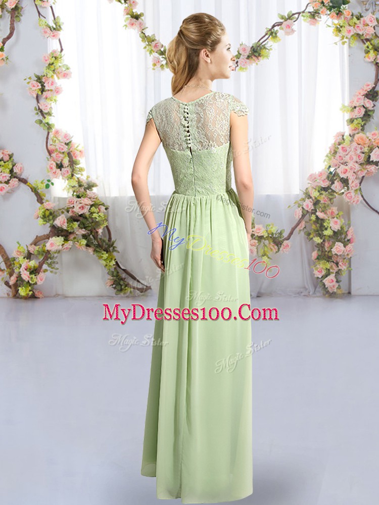 Sweet Empire Vestidos de Damas Yellow Green Scoop Chiffon Cap Sleeves Floor Length Clasp Handle