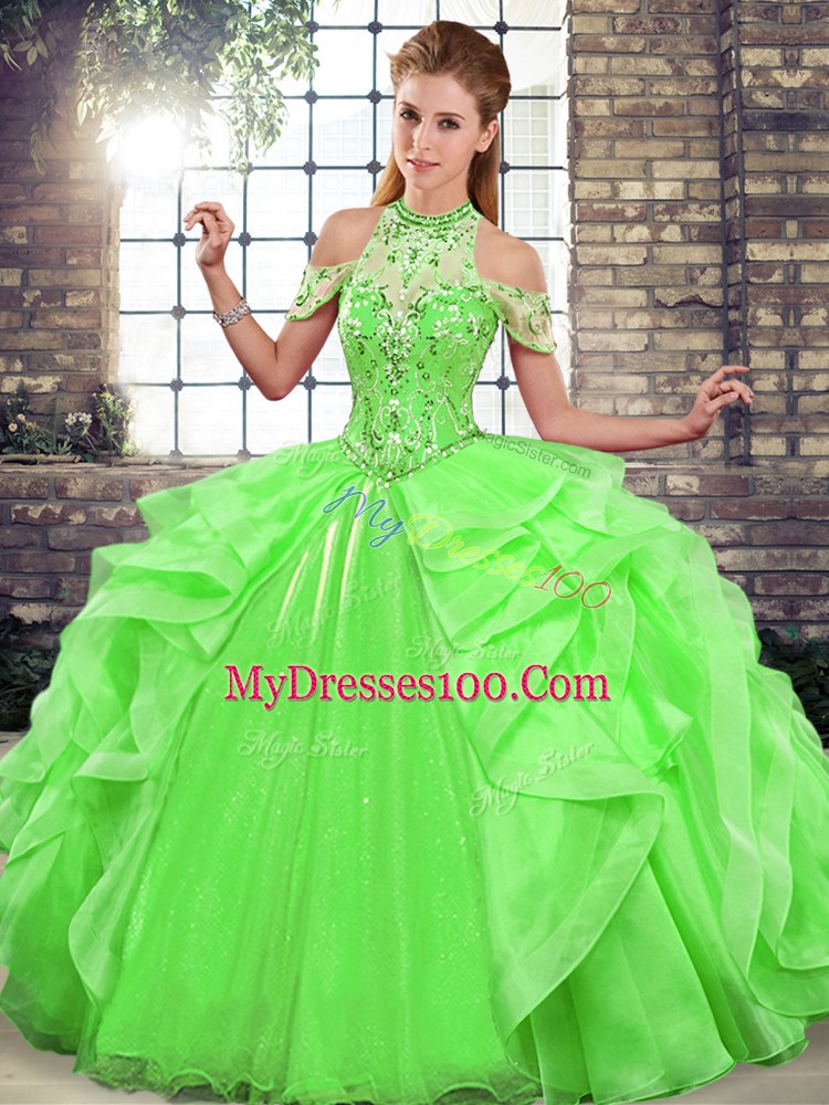 Gorgeous Green Ball Gowns Halter Top Sleeveless Organza Floor Length Lace Up Beading and Ruffles Quinceanera Dress