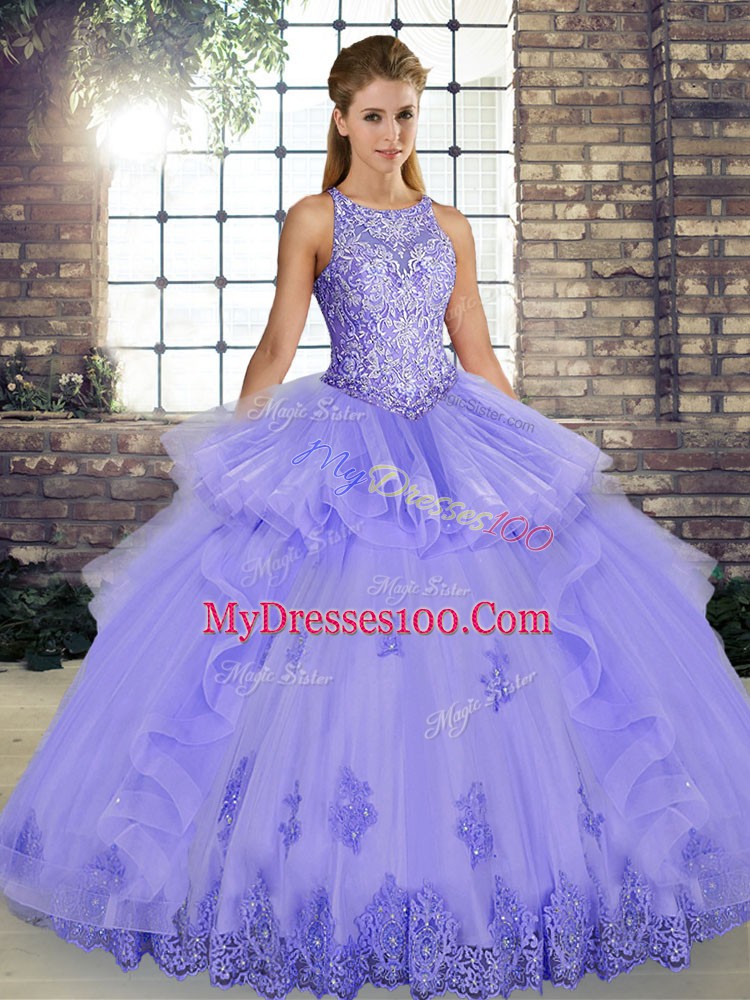 Floor Length Lavender Quinceanera Gowns Tulle Sleeveless Lace and Embroidery and Ruffles